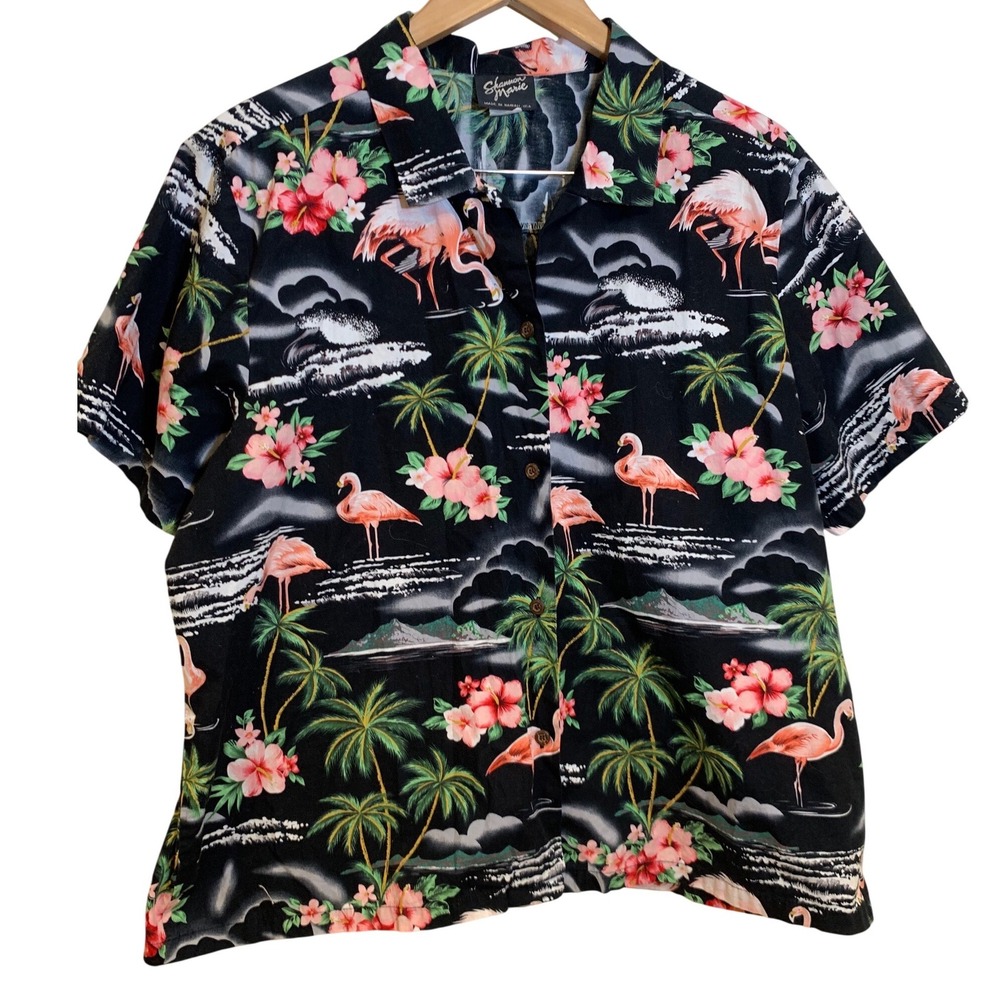 VTG Flamingo Print Shirt M Cotton Tropical Hawaiian made in USA vacation womens